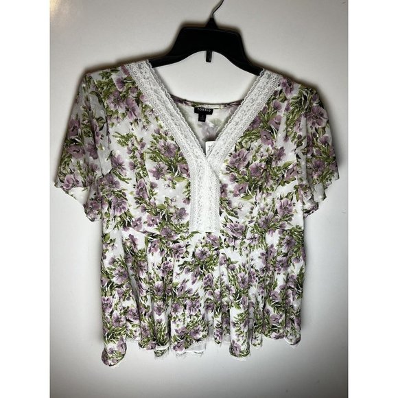 Torrid Size 2X Peplum Chiffon Clip Dot Lace‎ Inset Top White Pink Floral V Neck - Picture 1 of 14